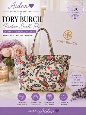 Tory Burch Parker Small Floral Tote Bag Cream Multicolor Leather EUC *Rare Print